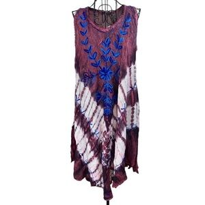 True Rock Free Size Tie-Dye Rayon Embroidered V-neck Sun Dress Blue Purple